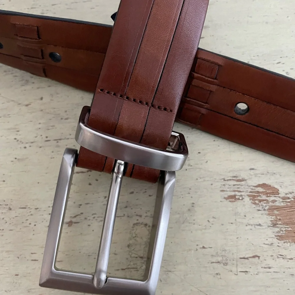 Mezlan‎ Made in Spain Woven Strips Leather Belt in Cognac Brown Size 42